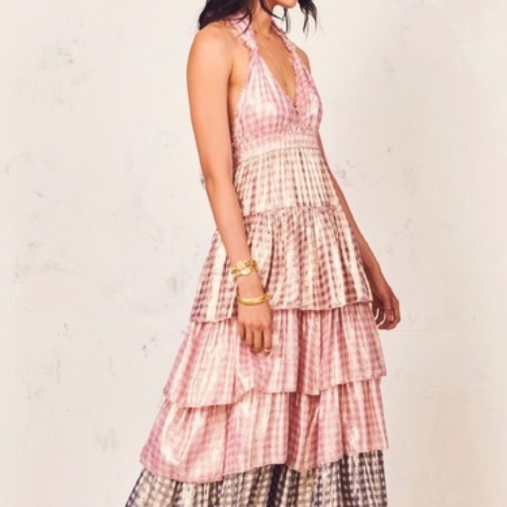 LoveShackFancy Clarissa Tiered Gingham Maxi Halter Dress Size XS extra small